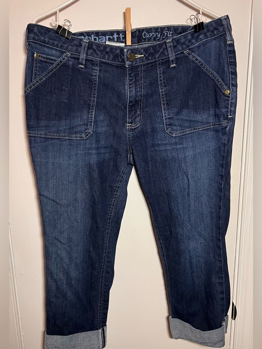 Carhartt Curvy Fit Crop Dark Wash Denim Jeans Capris Front Patch Pockets